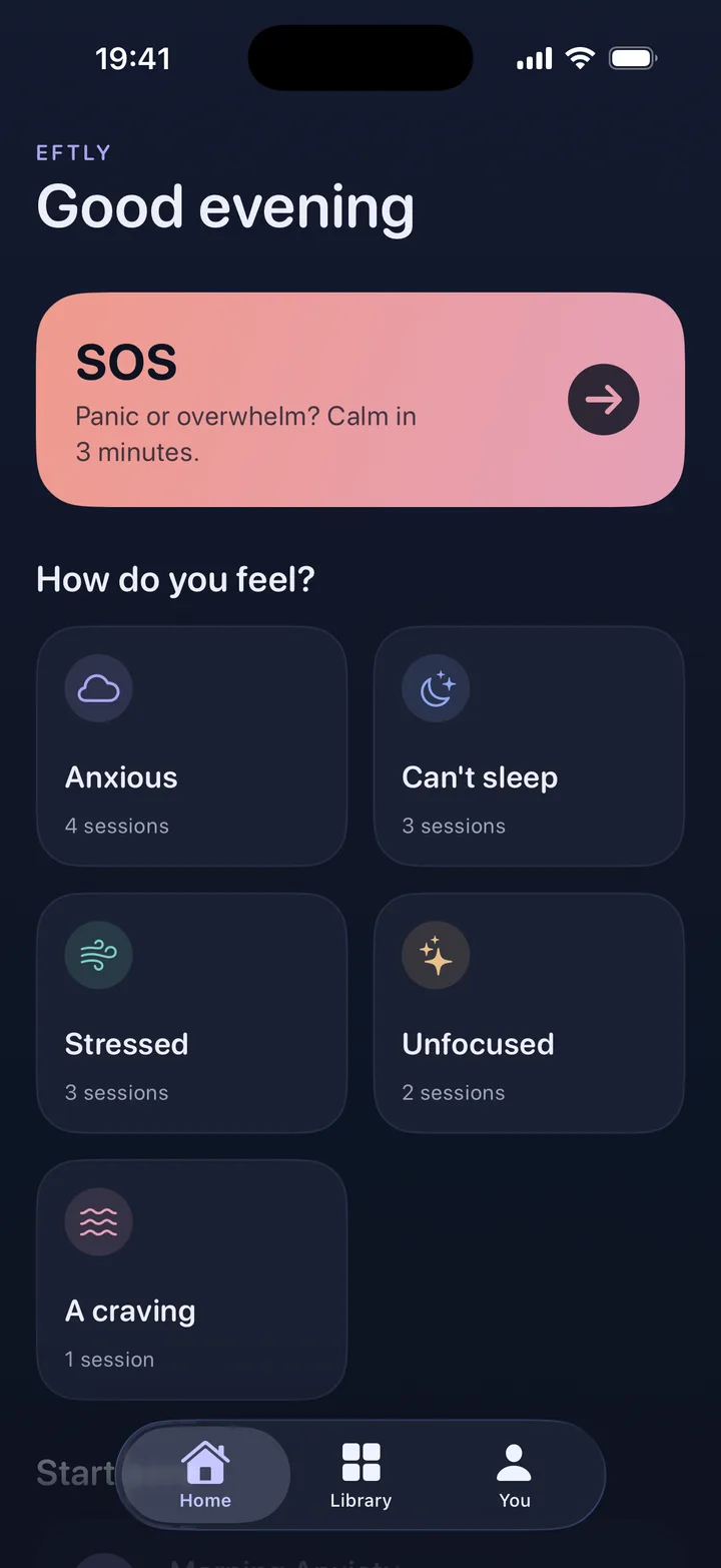 Eftly home screen with the coral SOS card at the top: “Panic or overwhelm? Calm in 3 minutes.”