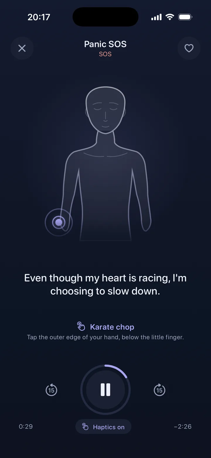 Eftly session player showing the tapping figure with a pulsing point on the hand and the phrase being spoken